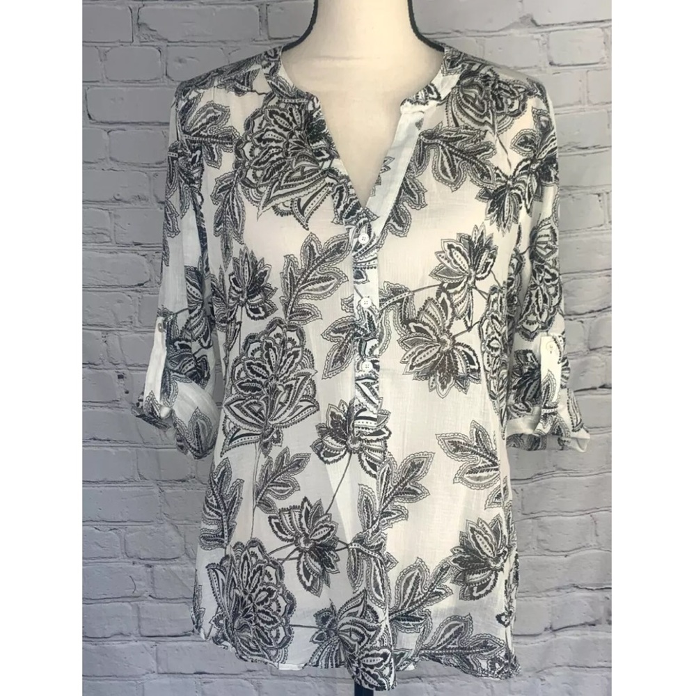 Tommy Bahama Filigree Top White Black Floral Tunic Roll Tab Sleeve Size Small